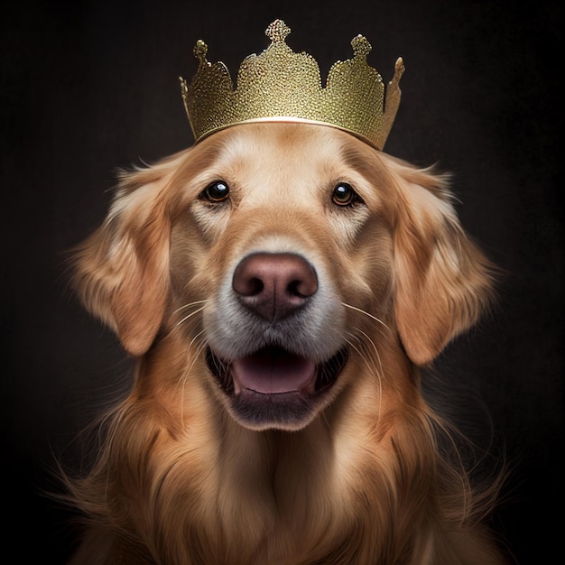 Chiuda in su del cane che indossa corona incoronazione su golden retriever generativa ai