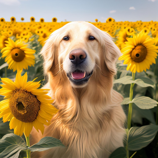 Chiuda in su del cane in campo girasoli generativa ai