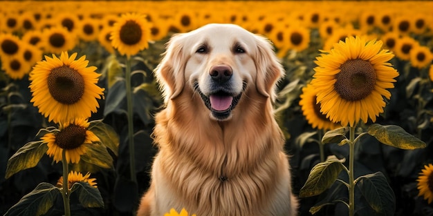 Chiuda in su del cane in campo girasoli generativa ai