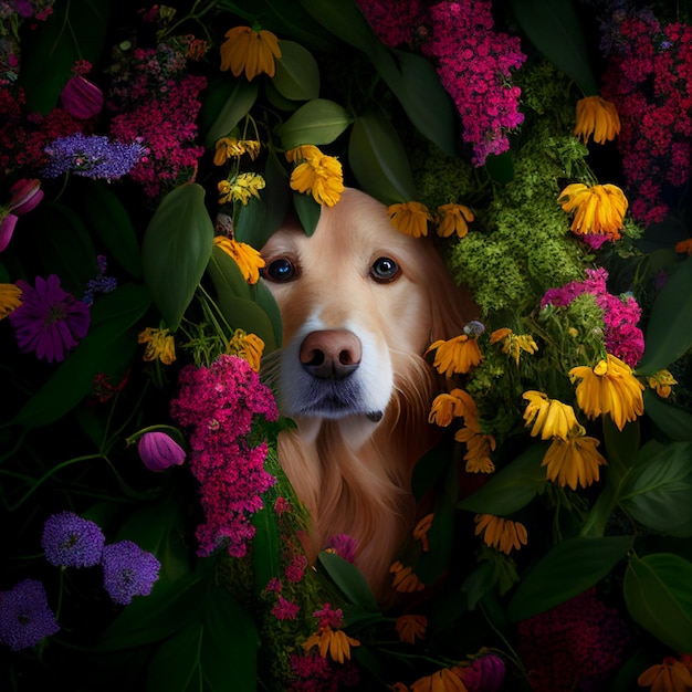 Chiuda in su del cane in corona di fiori ai generativa