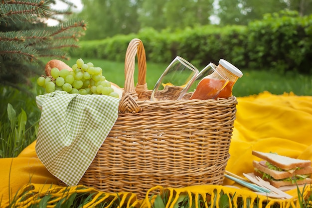 Chiuda in su del cestino di picnic con alimento, frutta e fiore sulla copertura gialla sull&#39;erba verde