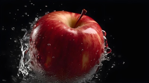 Chiuda in su del colpo dello studio della spruzzata della mela rossa con gli sguardi freschi con fondo scuro