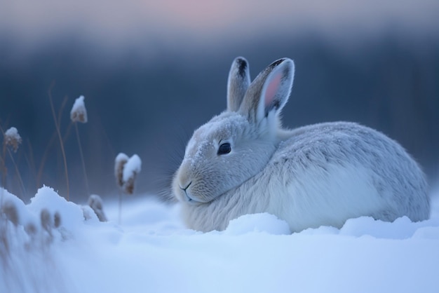 Chiuda in su del coniglio bianco che si siede nella neve ai generativa