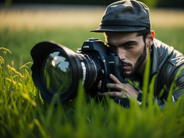 Chiuda in su del fotografo scatta foto sullo sfondo dell'erba