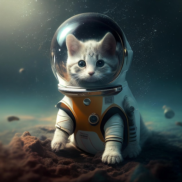 Chiuda in su del gatto in tuta spaziale generativa ai