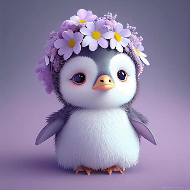 Chiuda in su del pinguino con corona di fiori sulla testa generativa ai