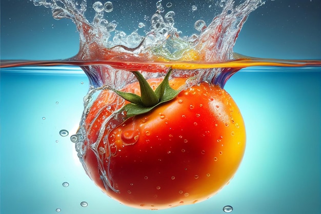 Chiuda in su del pomodoro nell'acqua con spruzzata ai generativa