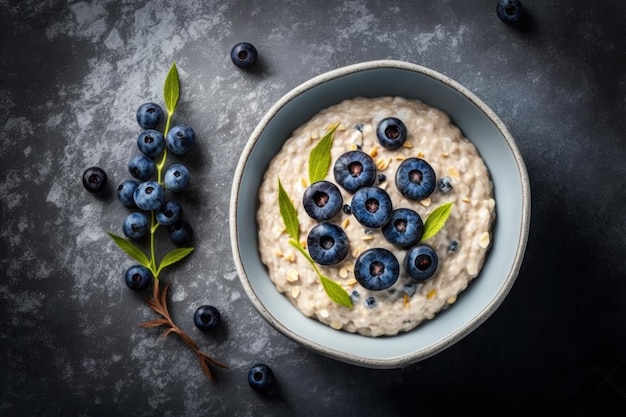 Chiuda in su del porridge di avena sano con mirtilli freschi in una ciotola bianca