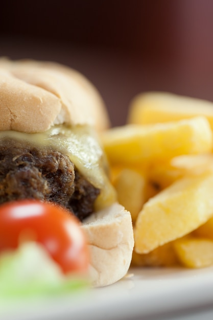 Chiuda in su dell&#39;hamburger di formaggio con le patate fritte