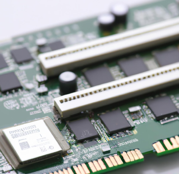 Chiuda in su della scheda informatica madre nera con elementi del computer