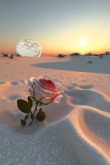 Chiuda in su della singola rosa nella neve con sfondo di luna piena generativa ai