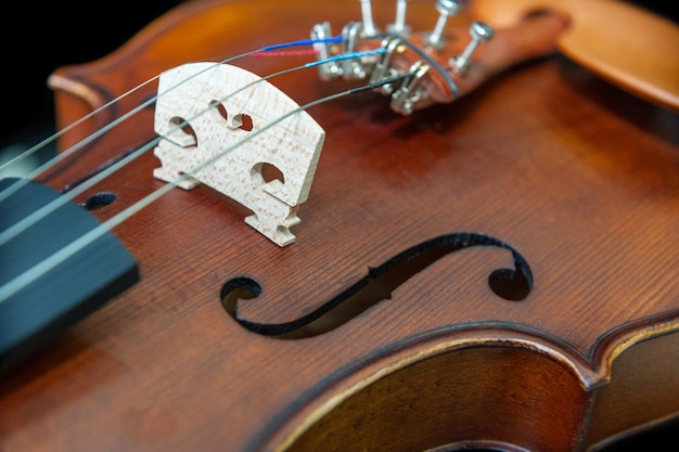 Chiuda in su dello strumento musicale del violino isolato sul nero