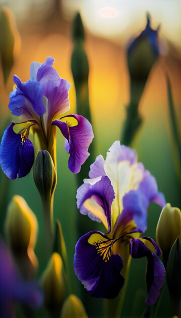Chiuda in su di due fiori viola e gialli generativa ai