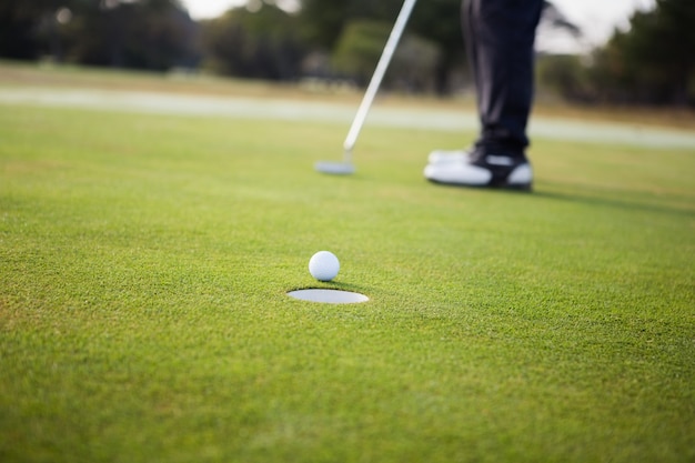 Chiuda in su di sfera di golf e di un foro