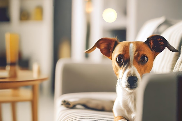 Chiuda in su di un cane amichevole che si rilassa nella stanza con il fondo bianco della mobilia