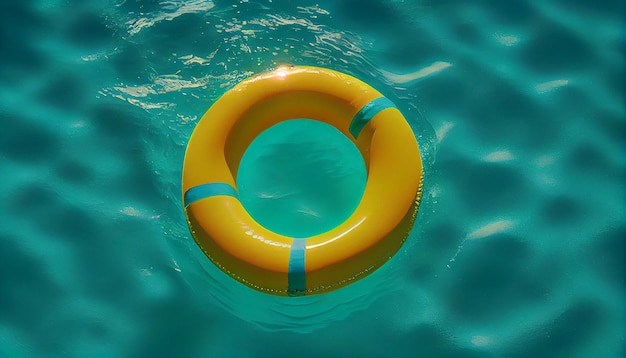 Chiuda in su galleggiante giallo dell'anello della piscina in acqua blu