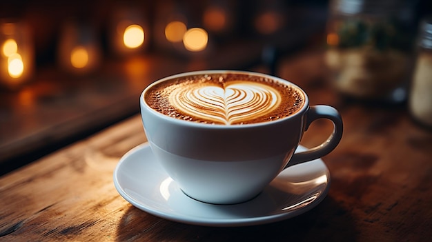 Chiuda in su tazza di caffè bianco con latte art a forma di cuore sulla linguetta di legno