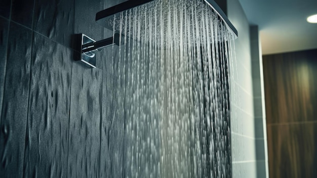 Chiuda su dell&#39;acqua che scorre dalla doccia nell&#39;interno del bagno