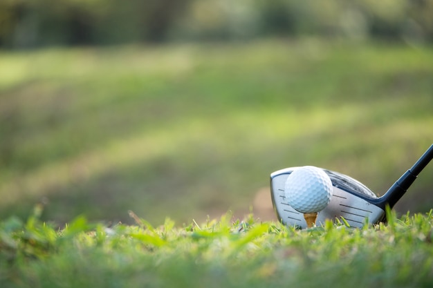 Chiuda su di palla da golf su un T con il club di golf sul tratto navigabile.