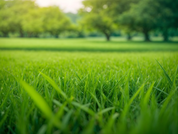 Chiuda sul campo di erba verde con il fondo del parco della sfuocatura