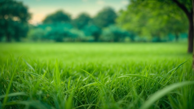 Chiuda sul campo di erba verde con il fondo del parco della sfuocatura