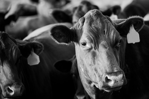 Chiuda sul concetto di produzione di latte e carne di allevamento di bovini faccia di vacca