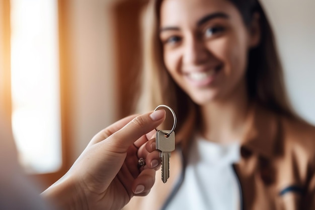 Chiuda sul giovane agente immobiliare femminile che dà le chiavi al compratore felice