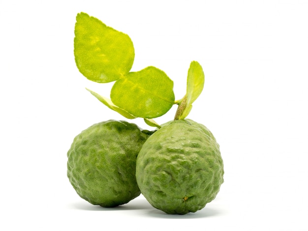 Chiuda sul gruppo di bergamotto fresco con le foglie verdi isolate su fondo bianco.