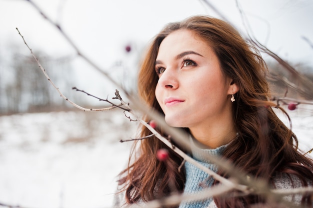 Chiuda sul ritratto della donna delicata in cappotto grigio vicino ai rami di un albero innevato.