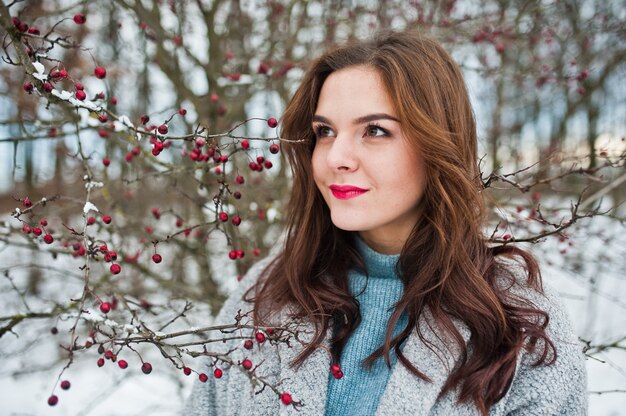 Chiuda sul ritratto della ragazza delicata in cappotto grigio vicino ai rami di un albero innevato.