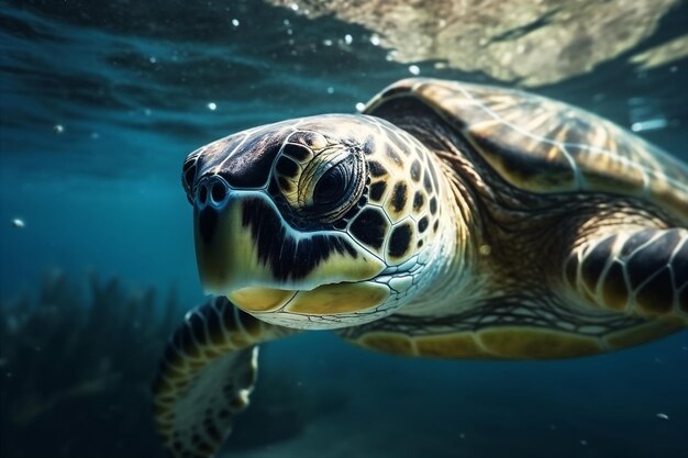 Chiuda sul ritratto della tartaruga di mare felice che nuota sott'acqua ai generato