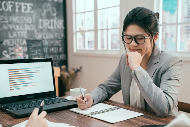 Chiuda sull'idea di pensiero della giovane donna asiatica con il grafico sullo schermo del computer portatile al tavolo del caffè. uomini d'affari femminili seduti in un ristorante con il taccuino. riunione di brainstorming dei dipendenti della signora dell'ufficio.