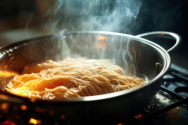Chiuda sulla cottura degli spaghetti in una pentola calda che esce dal fumo
