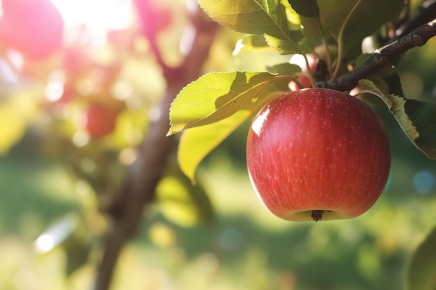 chiuda sulla mela fresca sull'albero al giorno pieno di sole