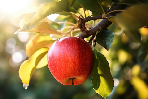 chiuda sulla mela fresca sull'albero al giorno pieno di sole