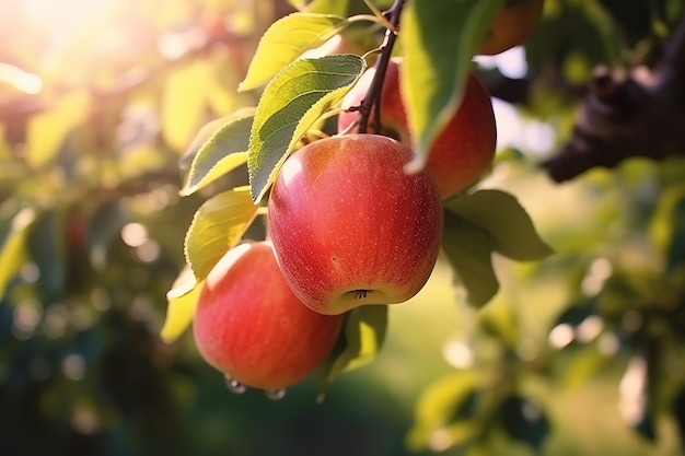 chiuda sulla mela fresca sull'albero al giorno pieno di sole