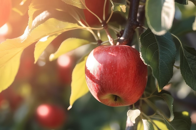 chiuda sulla mela fresca sull'albero al giorno pieno di sole