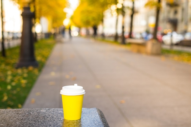 Chiuda sulla tazza di caffè di carta del caffè giallo nel giardino nel parco di autunno. Foto di alta qualità