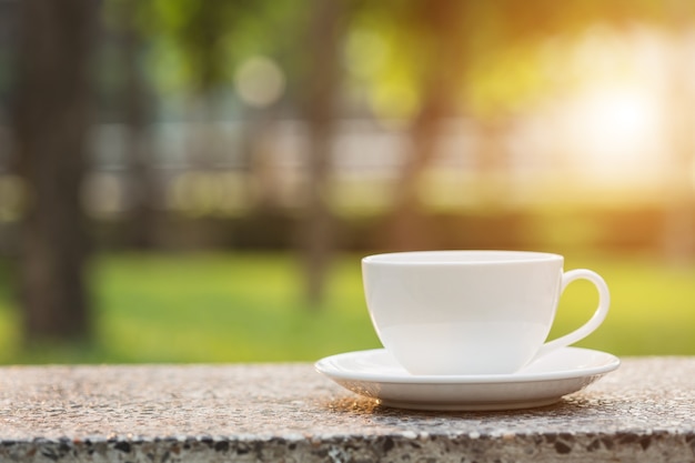 Chiuda sulla tazza di caffè macchiato nel parco