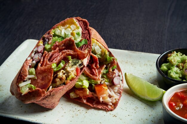 Chiuda sulla vista sul burrito con salame chorizo, riso, pomodori, mais e peperone in pita marrone su un piatto marrone con salsa di pomodoro e guacamole. Rotolo Vegetariano Shawarma