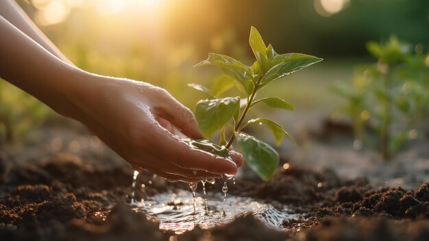 Chiudere due mani tenendo l'acqua e l'irrigazione giovane albero a crescere in parco al tramonto Generativa AI