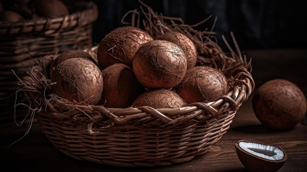 Chiudere i frutti di noci di cocco in un cesto di bambù con sfondo sfocato