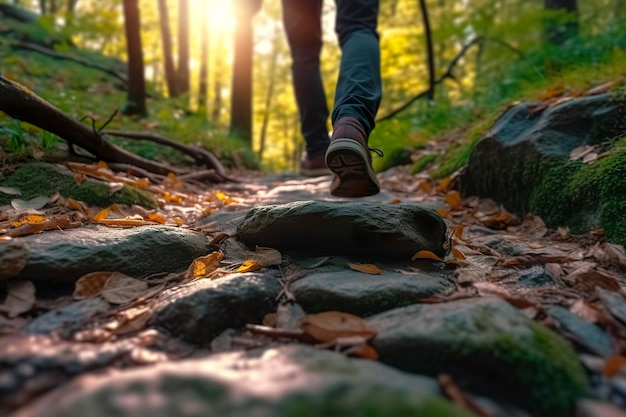 Chiudere i piedi di una persona che cammina su rocce Cammina su un sentiero nel bosco Travel Concept AI Generative