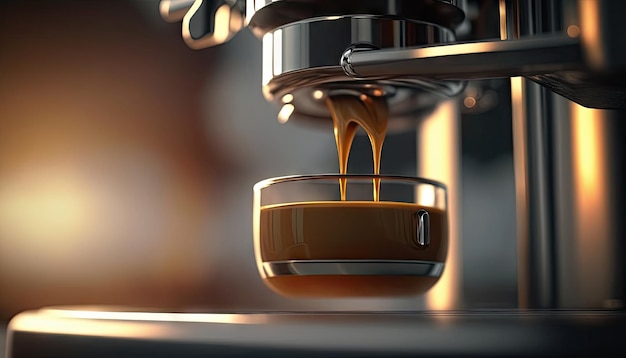 Chiudere l'estrazione del caffè o versare l'espresso sparato dalla macchina del caffè con il tramonto Ai generativo