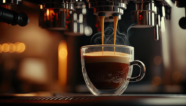 Chiudere l'estrazione del caffè o versare l'espresso sparato dalla macchina del caffè con il tramonto Ai generativo