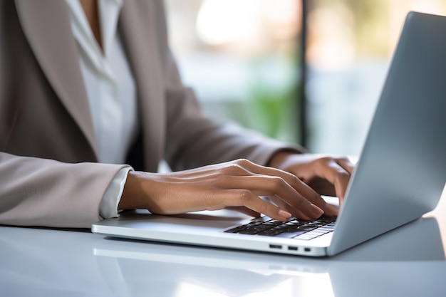 Chiudere la mano di una donna d'affari che digita la tastiera del computer portatile sulla scrivania dell'ufficio