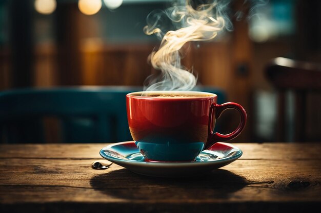 chiudere la tazza di caffè sul tavolo in legno vapore in aumento