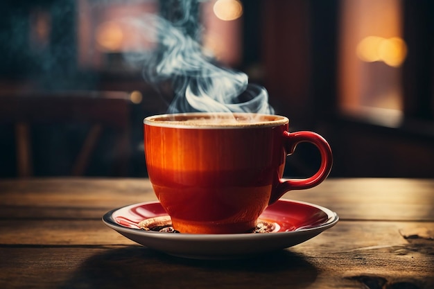 chiudere la tazza di caffè sul tavolo in legno vapore in aumento