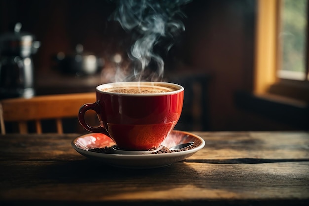 chiudere la tazza di caffè sul tavolo in legno vapore in aumento