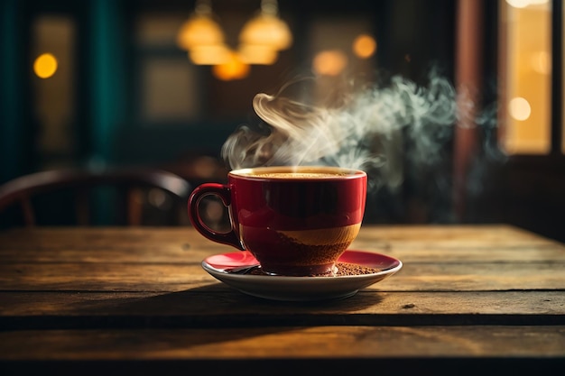 chiudere la tazza di caffè sul tavolo in legno vapore in aumento